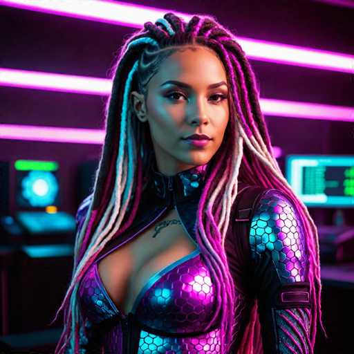 The image shows a woman with long dreadlocks and a purple and blue outfit standing against a pink background. She is looking directly at the camera with an intense gaze. The setting appears to be a room filled with computer monitors and keyboards, suggesting that she might be in a workspace or a creative environment where technology plays a significant role.
The image does not contain any discernible text.