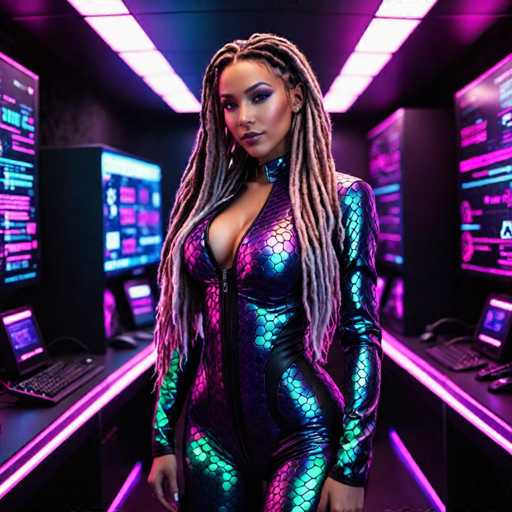 A woman with long dreadlocks is standing in a room filled with computer monitors and keyboards. She is wearing a futuristic-looking outfit that includes a metallic jumpsuit with a zipper running down the center of her body. The room has a purple and pink color scheme, creating an otherworldly atmosphere.