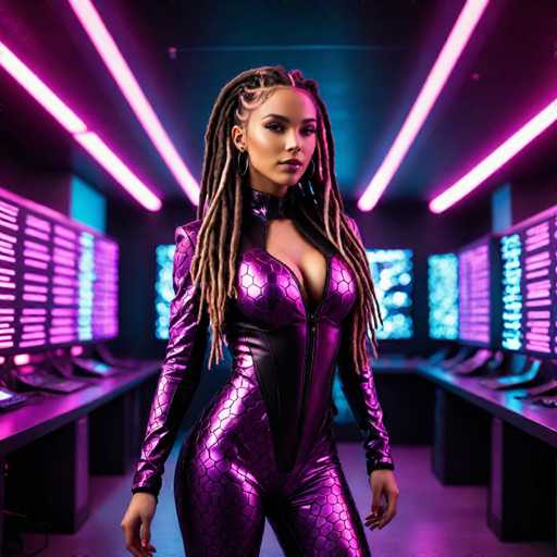 A woman with dreadlocks is standing in a room filled with computer monitors and keyboards. She is wearing a purple jumpsuit that has a unique hexagonal pattern on the sleeves. The room appears to be a workspace or office environment, as indicated by the presence of multiple computer monitors and keyboards scattered around her.