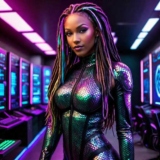 A woman with long dreadlocks and a metallic snake skin suit stands confidently in front of a computer monitor displaying blue neon lights against a black background.