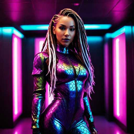 A woman with long dreadlocks is standing in a room filled with neon lights and purple walls. She is wearing a metallic jumpsuit that has a zipper running down the front and a hood on her head. The lighting from the neon lights casts an ethereal glow around her, creating a futuristic atmosphere.