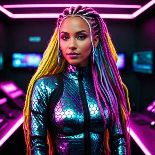 A woman with long dreadlocks and a metallic jumpsuit stands in front of a computer monitor, her gaze directed straight at the camera. The background is a dark purple color, illuminated by pink neon lights that cast an ethereal glow on the scene.