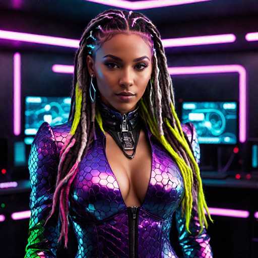 A woman with long dreadlocks and a purple jumpsuit stands in front of a computer monitor displaying a screen filled with lines of code.