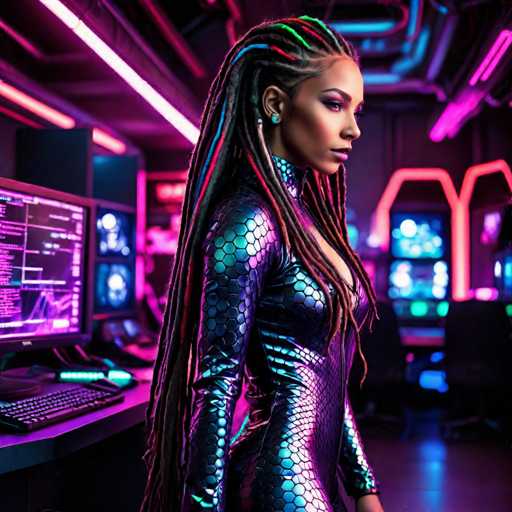 A woman with long dreadlocks is standing in a room filled with neon lights and computer monitors. She is wearing a metallic jumpsuit that reflects the light from the surrounding environment. The room has a futuristic aesthetic, with various computer screens and monitors scattered throughout the space.