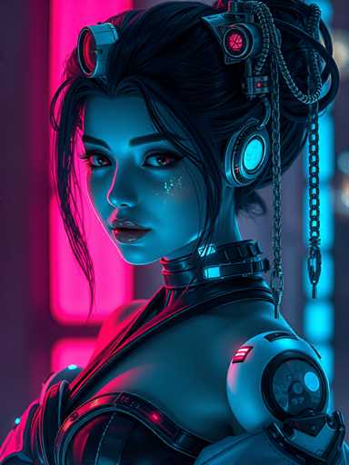 The image depicts a woman with long dark hair wearing headphones and a futuristic outfit that includes a chain necklace. The background is a gradient of pink and blue colors, creating an otherworldly atmosphere.