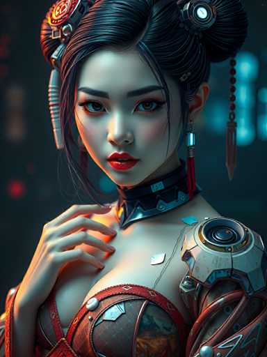 The image shows a close-up portrait of a woman with striking features and an ethereal glow. She is wearing a red dress that contrasts with the dark background, which appears to be a cityscape at night. The woman's hair is styled in an intricate updo adorned with multiple pins, adding to her unique appearance. The image does not contain any discernible text or other objects, making it difficult to determine specific details about the setting or context of the scene.