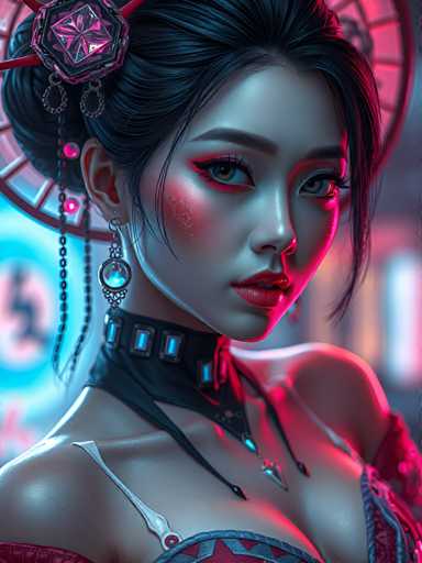 The image shows an illustration of a woman with dark hair and makeup. She is wearing a traditional Japanese outfit that includes a headpiece adorned with pink flowers. The background features neon lights and a window, creating a vibrant and colorful atmosphere.