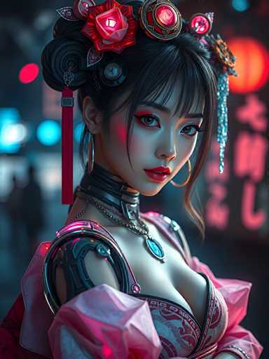 The image depicts a woman with striking red hair and an elaborate headdress adorned with flowers. She is wearing a pink dress that contrasts with her dark hair. The background features neon lights and a sign in Chinese characters, suggesting the scene takes place in a bustling city or at a cultural event.