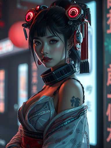 The image depicts a woman with dark hair and red hair accessories standing against the backdrop of a neon-lit cityscape at night. She is wearing traditional Chinese clothing that includes a white blouse adorned with black patterns and a matching red headband. The woman's face is lit up by a red light, adding to the overall ambiance of the scene.