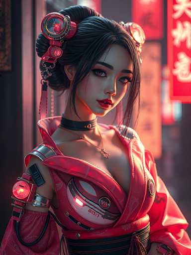 The image depicts a woman wearing a red kimono with black accents and a matching headpiece. She is positioned against the backdrop of a neon sign that reads "大阪", suggesting an urban setting or cityscape. The woman's face is partially obscured by her hair, which is styled in an elegant updo adorned with two large earrings.