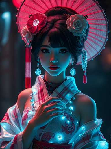 The image shows a close-up portrait of a woman wearing traditional Japanese attire. She is standing against a dark background with her hair styled into an elegant updo and adorned with flowers on the sides. The woman's face is lit up by blue lights, adding a unique glow to her appearance.