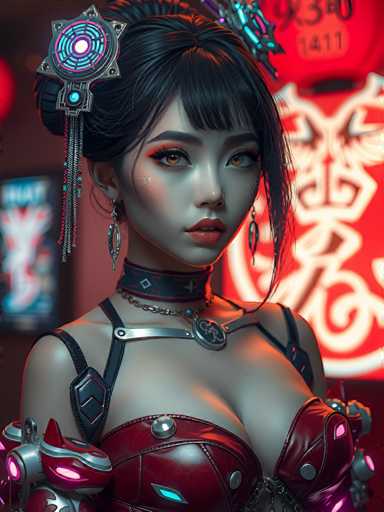 The image shows a close-up portrait of a woman with striking features and an ethereal glow. She is wearing a red dress that contrasts with the dark background, which includes neon lights and a red sign. The woman's hair is styled in an intricate updo, adding to her captivating appearance. The lighting from behind her illuminates her face, highlighting her features and casting dramatic shadows on her dress.