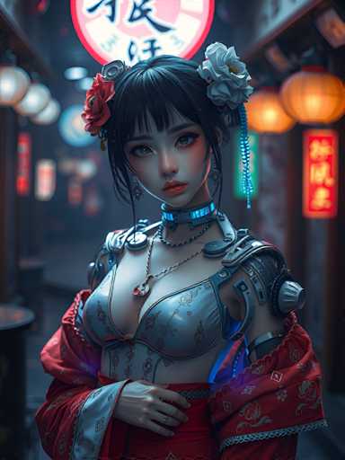 The image depicts a woman with striking blue eyes and dark hair wearing a red dress adorned with white flowers. She is standing against the backdrop of a city street at night, with neon signs illuminating the area around her. The woman's attire includes a necklace and earrings that add to her regal appearance.