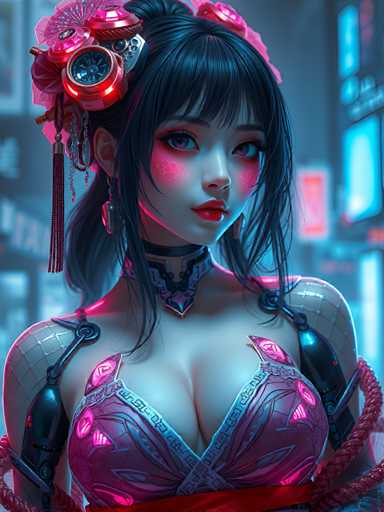The image depicts a woman with striking blue eyes and dark hair wearing a pink dress adorned with red flowers. She is holding a red flower in her left hand and has a black headband on her head. The background features a cityscape with neon lights and buildings, suggesting an urban setting.