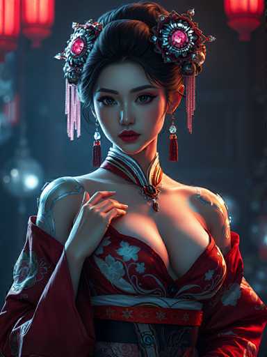 The image depicts a woman wearing traditional Chinese attire with a red and gold dress adorned with intricate floral designs. She is positioned against a dark background, which contrasts with her vibrant outfit. The woman's hair is styled in an elegant updo, and she wears earrings that complement the overall aesthetic of the scene.