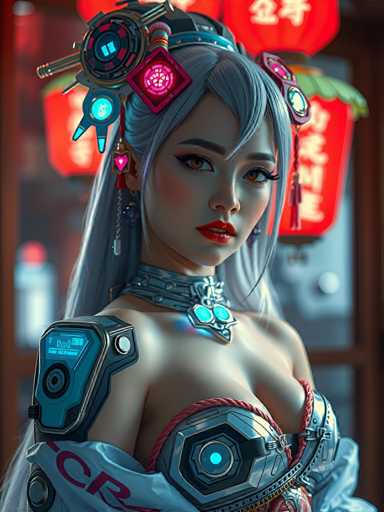 The image depicts a woman with long blonde hair wearing a futuristic outfit that includes a metallic bodysuit and a headpiece adorned with neon lights. The background features red lanterns hanging from the ceiling, adding to the futuristic aesthetic of the scene.