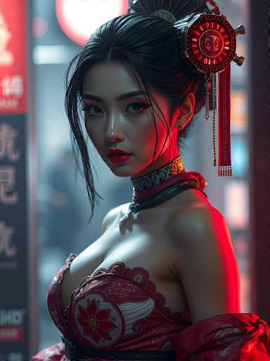 The image shows a woman with long dark hair wearing a red dress and a black headpiece adorned with a large flower. She is positioned against the backdrop of a building with neon signs that read "HOTEL" and "BAR". The lighting in the scene is predominantly red, creating a warm and inviting atmosphere.