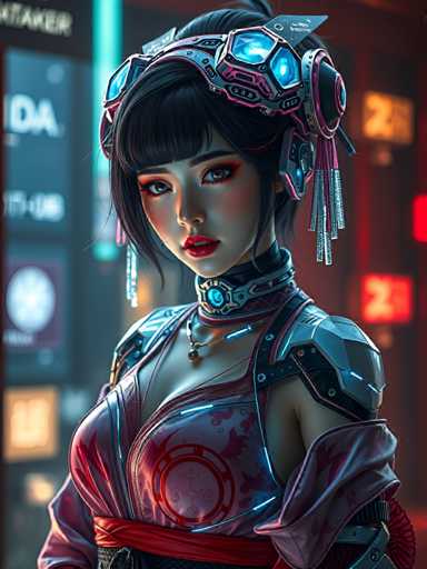 The image depicts a woman with dark hair and red lipstick wearing a futuristic outfit that includes a helmet adorned with blue lights and silver armor. The background is a cityscape filled with neon signs and buildings, creating an urban atmosphere.
