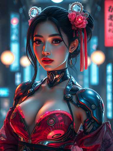 The image depicts a woman with striking red hair and black hair styled into an updo wearing a metallic bodysuit that has a unique design of circles and lines on the chest area. The background is dark blue with neon lights, creating a futuristic atmosphere.