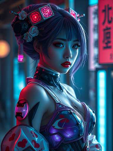 The image depicts a woman with long dark hair wearing a purple and black outfit adorned with red accents. She is standing against the backdrop of a neon-lit cityscape at night, with a sign that reads "大阪市" visible in the background. The woman's pose suggests she is posing for the photo, and her expression appears to be serious or contemplative.