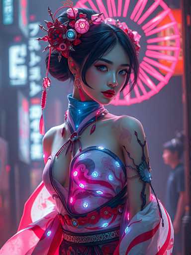 The image depicts a woman wearing traditional Chinese attire with a red and white dress adorned with blue and pink accents. She is standing against the backdrop of a neon sign that reads "PAN" in bold black letters. The background features a cityscape with buildings and streetlights, creating an urban setting for the scene.