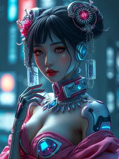 The image depicts a woman with striking red hair and an intricate headdress adorned with blue and pink jewels. She is wearing a pink dress that features a large diamond on the front. The background of the image is dark and filled with neon lights, creating a futuristic atmosphere.