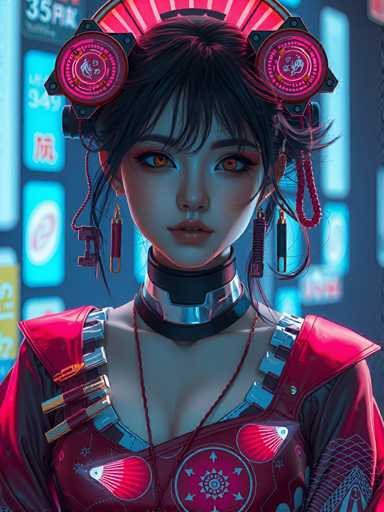The image depicts a woman with dark hair and red hair styled into two large earrings. She is wearing a red dress adorned with white flowers on the sleeves. The background features neon lights and various signs in different colors, creating an urban setting.