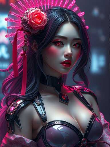The image depicts a woman with long dark hair wearing a black dress and a red headband adorned with pink flowers. She is positioned against a backdrop of a city street at night, with the glow from the buildings illuminating her face. The woman's gaze is directed towards the camera, creating an engaging visual narrative that invites the viewer to look deeper into her story.