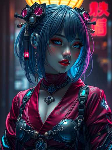 The image depicts a woman with blue hair and red lips wearing a red dress adorned with silver accents. She is standing against the backdrop of a neon sign that reads "大阪", suggesting an urban setting or cityscape. The woman's gaze is directed off to the side, creating a sense of mystery and intrigue.