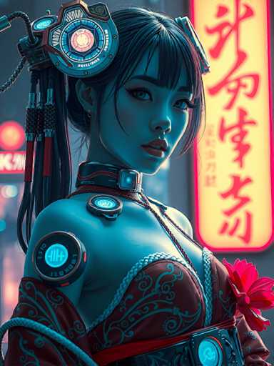 The image depicts a woman with long dark hair wearing a traditional Chinese dress and headpiece, standing against the backdrop of a neon sign that reads "KONG" and "SEN". The colors in the image are predominantly blue and red.