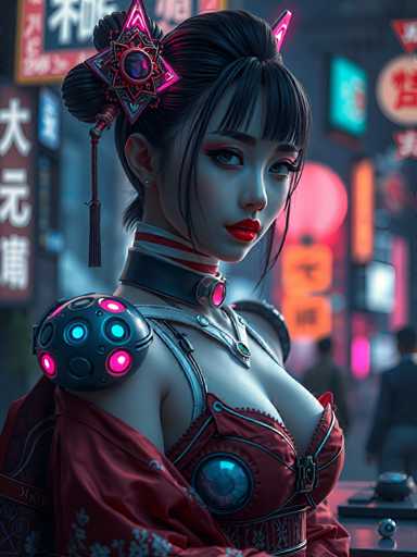 The image depicts a woman with striking red hair and an intricate design on her face, wearing a traditional Chinese dress that includes a headpiece adorned with a star-shaped pom pom. The background is filled with neon lights from the cityscape of Shanghai, China, creating a vibrant and dynamic atmosphere.