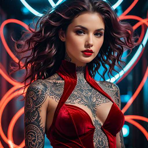 A woman with long brown hair and tattoos on her arms is standing against a neon background that features red hearts and blue lights.