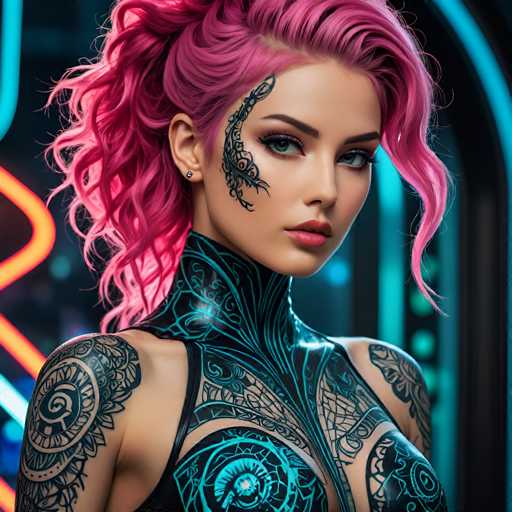 The image shows a close-up portrait of a woman with vibrant pink hair styled into an intricate updo and adorned with tattoos on her chest and back. The background is dark and blurred, creating a stark contrast that makes the woman stand out prominently.