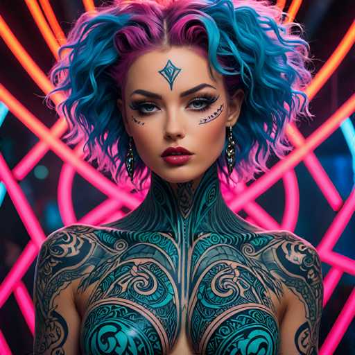 The image shows a woman with blue hair and tattoos on her chest and back. She is wearing a black tank top that contrasts with the neon lights behind her. The background features a grid of colorful neon lights in shades of pink, purple, and green.