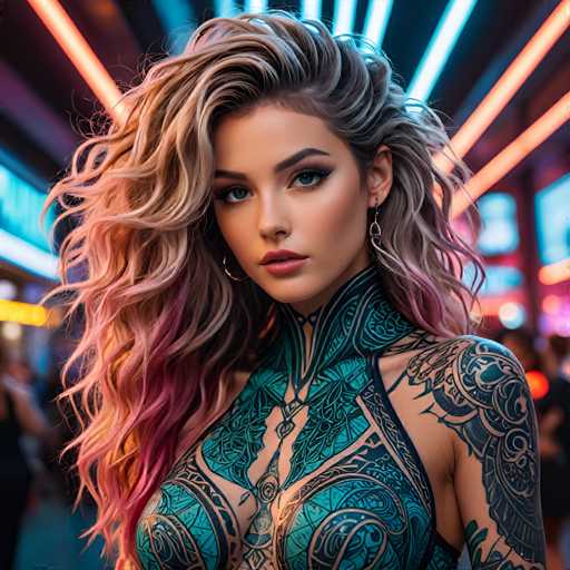 The image shows a young woman with long blonde hair and blue eyes wearing a green and black patterned top. She is standing against the backdrop of a neon-lit city street at night, which has a bright glow from the lights in the background. The woman's face is turned towards the camera, creating an engaging portrait photograph.