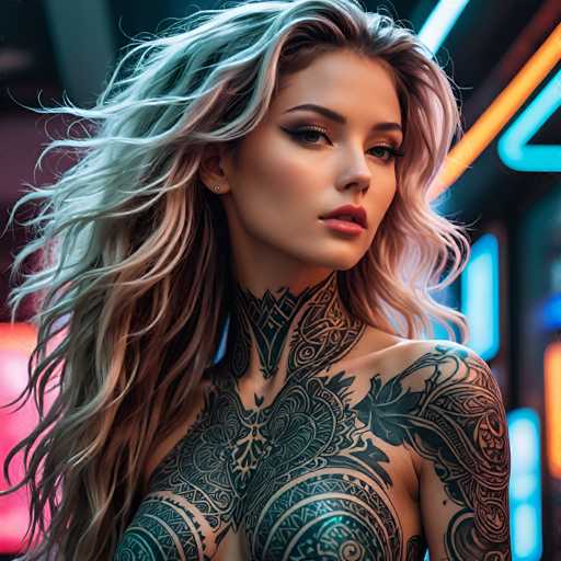 A young woman with blonde hair and tattoos on her neck and shoulders is the main subject of this image. She has a serious expression as she gazes directly at the camera. The background features neon lights that create an urban atmosphere, suggesting the photo was taken in a city setting.