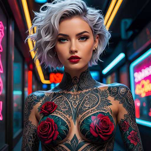 A woman with short blonde hair and tattoos on her chest and back is standing in front of a neon sign that reads "SALES". She has red lipstick on and is wearing a black tank top with a floral pattern.