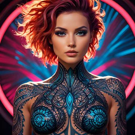 The image shows a woman with red hair and tattoos on her chest and back. She is wearing blue makeup that contrasts with the vibrant colors of the background. The woman's pose suggests she is posing for the photo, possibly in front of a neon light or other colorful elements.