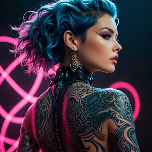 A young woman with blue hair and tattoos on her back is the main subject of this image. She has a unique style that includes a black leather choker necklace around her neck and a large tattoo on her back. The background features neon pink and purple lights arranged in a circular pattern, creating an artistic and edgy atmosphere.