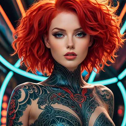 The image shows a close-up portrait of a woman with vibrant red hair styled in loose curls and wearing a tattoo on her chest. The background is dark and features neon lights that create an ethereal glow around the subject's face.