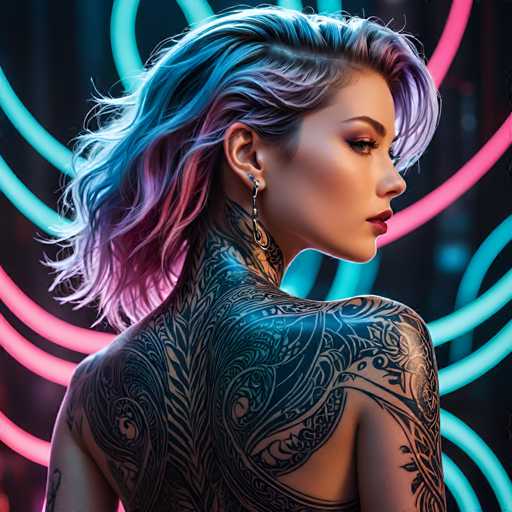 The image shows a young woman with long hair and tattoos on her back. She is wearing a red lipstick and has a serious expression on her face as she looks off into the distance. The background features neon lights in shades of pink and blue that create an ethereal glow around the woman, enhancing the overall atmosphere of the scene.