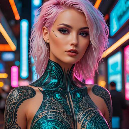 The image shows a young woman with pink hair and tattoos on her chest and back. She is wearing a black tank top that contrasts with the neon lights of the city behind her. The background is filled with bright neon lights from various buildings, creating an urban atmosphere.