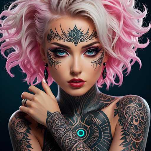 The image shows a close-up portrait of a woman with striking tattoos on her arms and face. The tattoo designs include intricate patterns and lines that add depth and complexity to the overall appearance. The woman's hair is styled in loose curls, complementing the boldness of her tattoos. She has blue eyes that contrast beautifully against her skin tone, making them stand out even more.