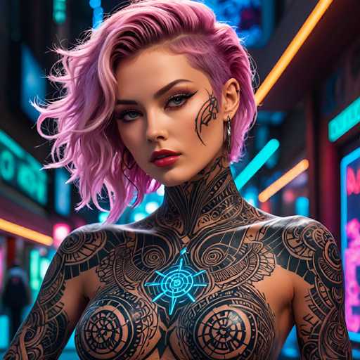 The image shows a young woman with pink hair and tattoos on her chest and neck. She is wearing a sleeveless top that reveals the intricate tattoo designs on her skin. The background of the image features neon lights from a city street at night, creating an urban atmosphere around the woman.