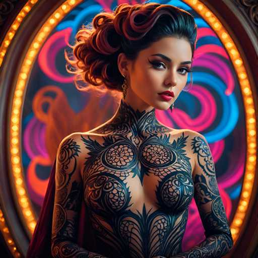 A woman with long hair and tattoos is standing in front of a mirror that has a circular frame on the right side. The background features a colorful neon light display.