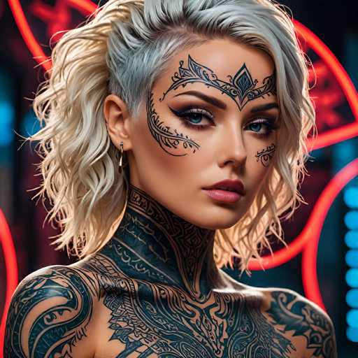 The image shows a close-up portrait of a woman with blonde hair and tattoos on her neck and shoulders. The tattoo designs include intricate patterns and lines that add an artistic touch to the overall appearance. The woman is looking directly at the camera, giving off a confident and self-assured vibe.