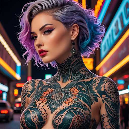 A woman with purple hair and tattoos on her chest is standing in front of a neon sign that says "Mall" at night.