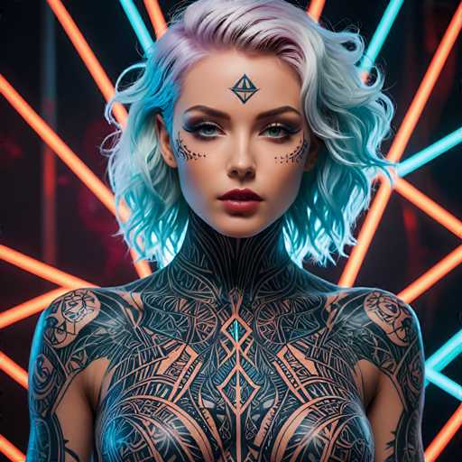 The image shows a young woman with blue hair and tattoos on her chest and back. She is wearing a black tank top that contrasts with the neon lights behind her. The background features a pattern of orange and white lines, creating an abstract backdrop for the woman's striking appearance.