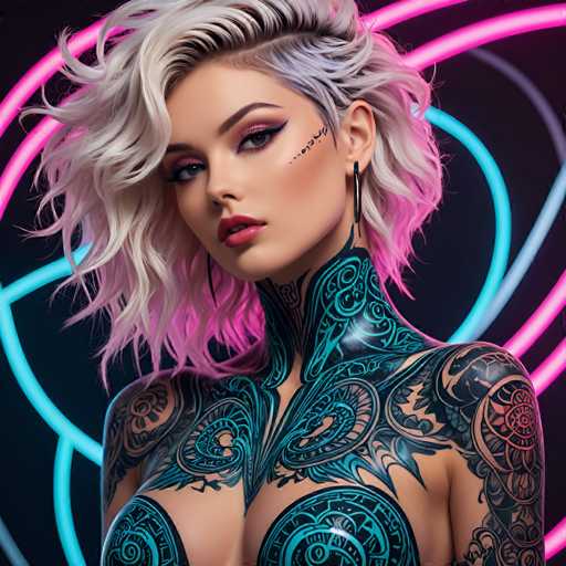 The image shows a young woman with blonde hair and tattoos on her neck and shoulders. She is wearing a black top that contrasts with the neon pink background behind her. The woman's face is partially obscured by the tattooed design of her neck and shoulders.