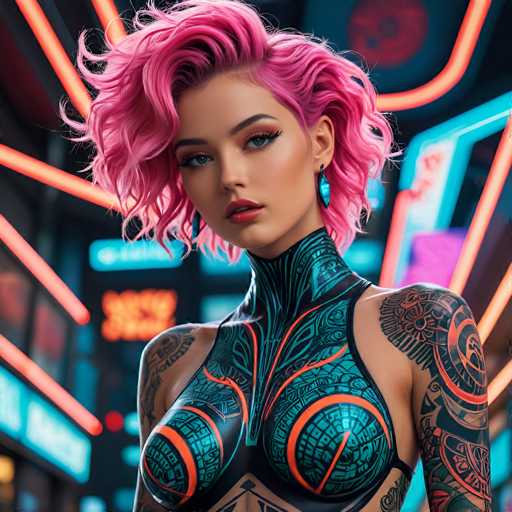 The image shows a young woman with pink hair and tattoos on her arms posing for the camera against a neon-lit cityscape backdrop. The woman is wearing a black and blue outfit that includes a tank top with an orange design.